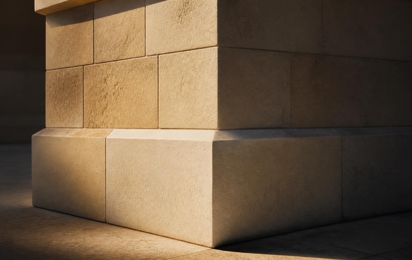 Cut stone blocks forming the corner of a foundation in raking light